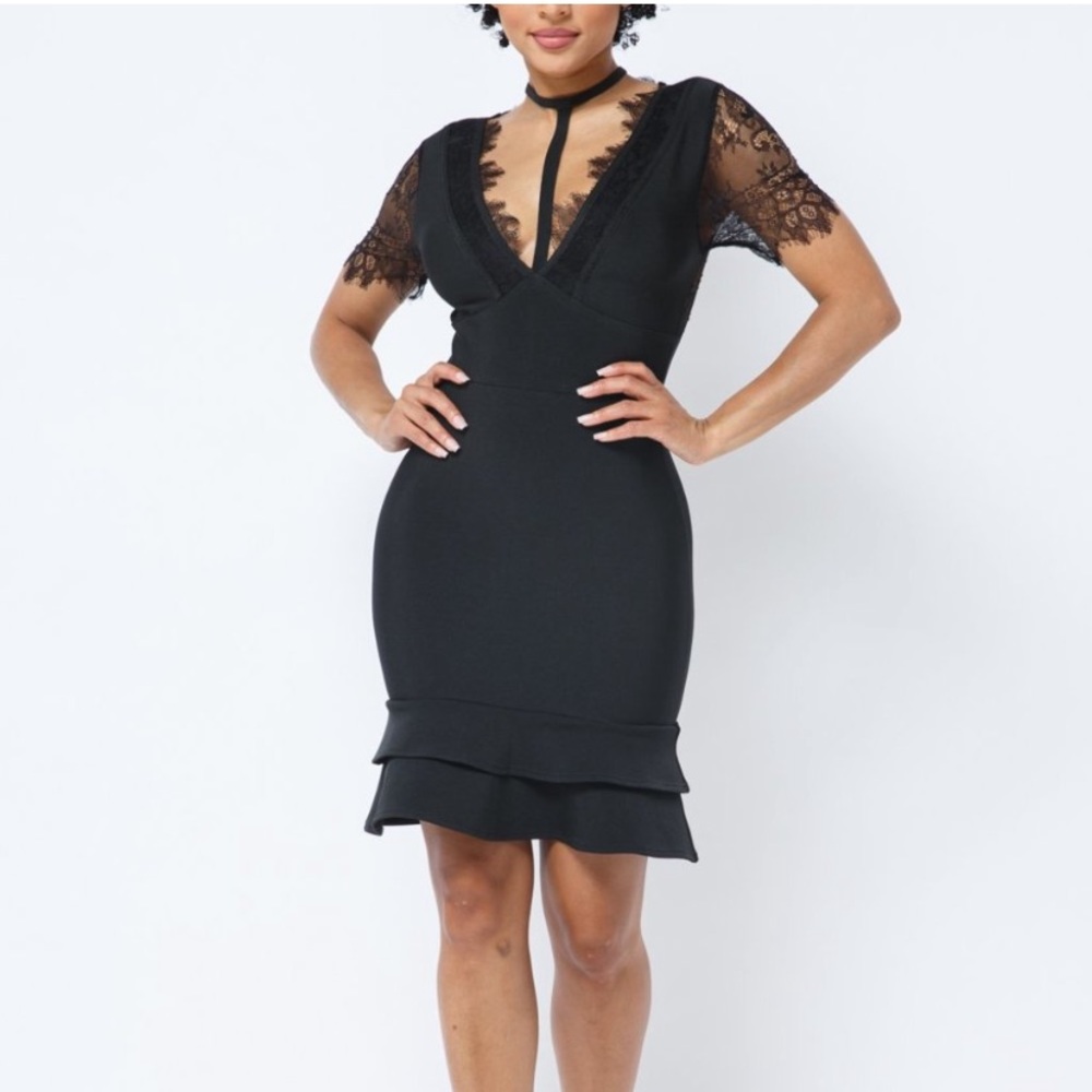 Elegant Black Lace Trim Dress